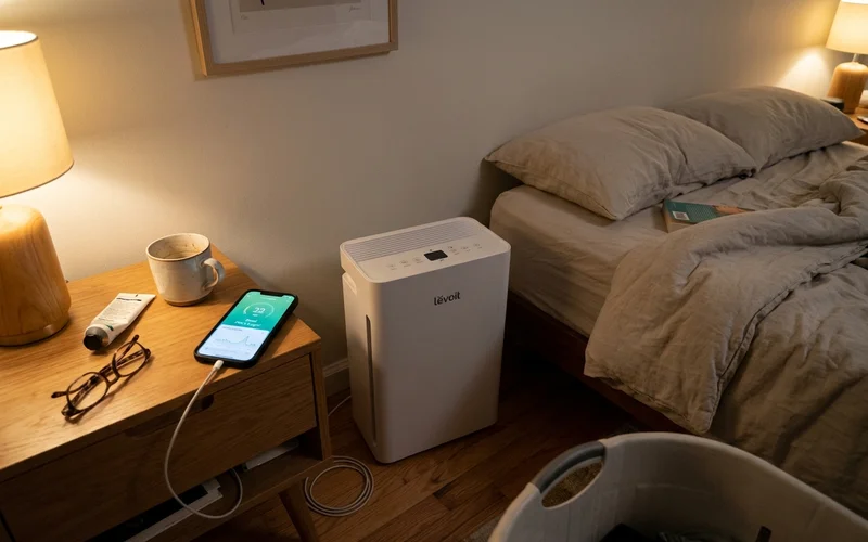 An air purifier beside a bed with a phone showing an air quality reading