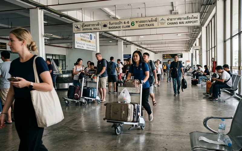 The arrivals hall with travellers and bilingual signage