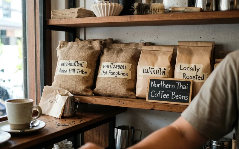 Bags of locally roasted northern Thai coffee beans on a shelf