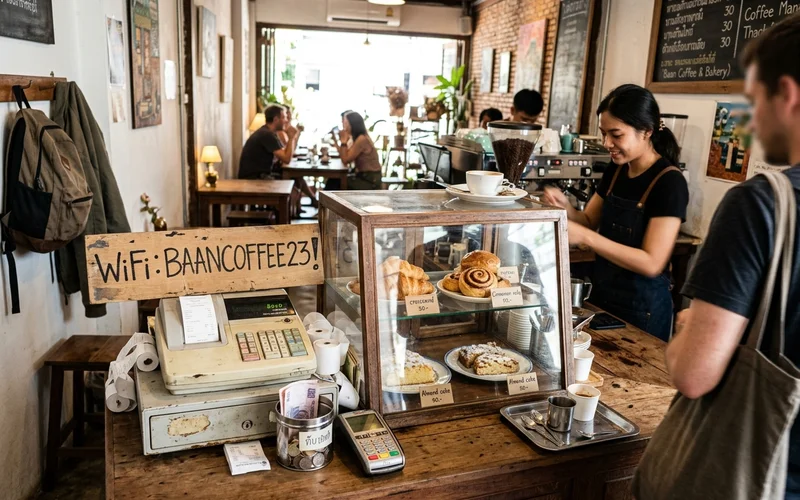 A café counter with a handwritten Wi-Fi password sign