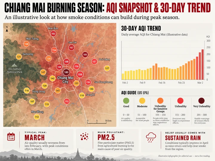 Chiang Mai burning-season AQI infographic showing a regional air-quality map, 30-day AQI trend and US EPA air-quality categories