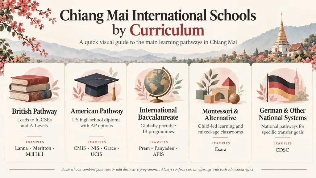 Infographic comparing British, American, IB, Montessori and other international school curriculum pathways in Chiang Mai