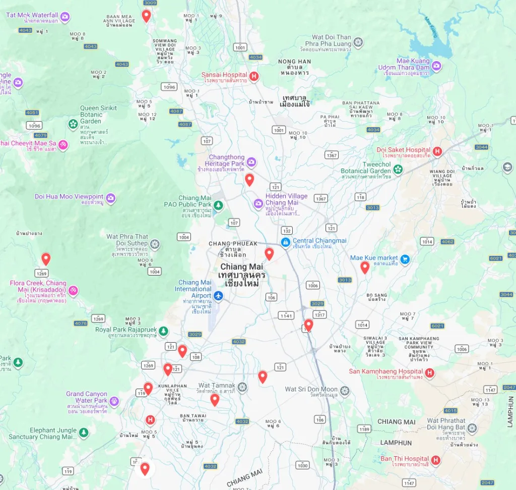 Map showing the relative locations of international schools across Chiang Mai