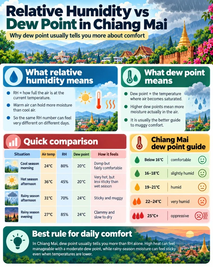 Chiang Mai humidity guide showing relative humidity vs dew point and how the air feels