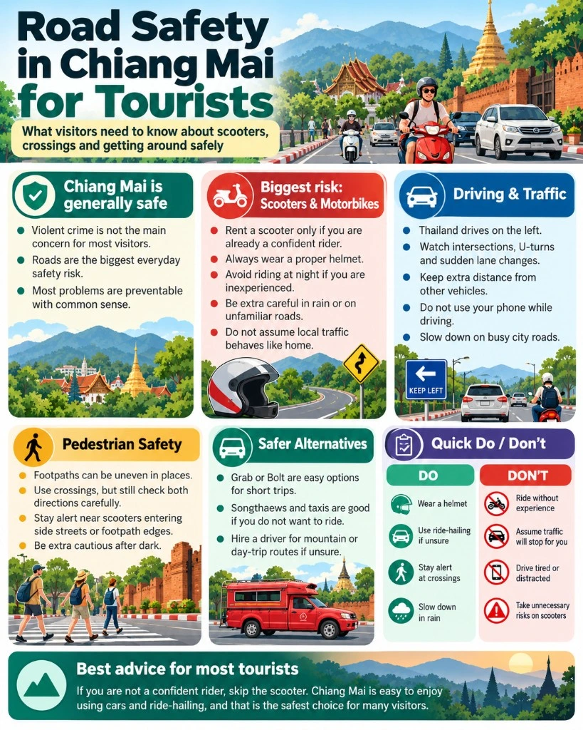 Road safety in Chiang Mai infographic showing scooter, driving and pedestrian safety advice for visitors