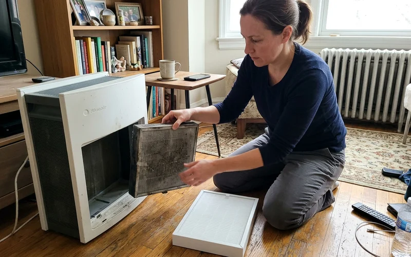 A HEPA filter being replaced in an air purifier