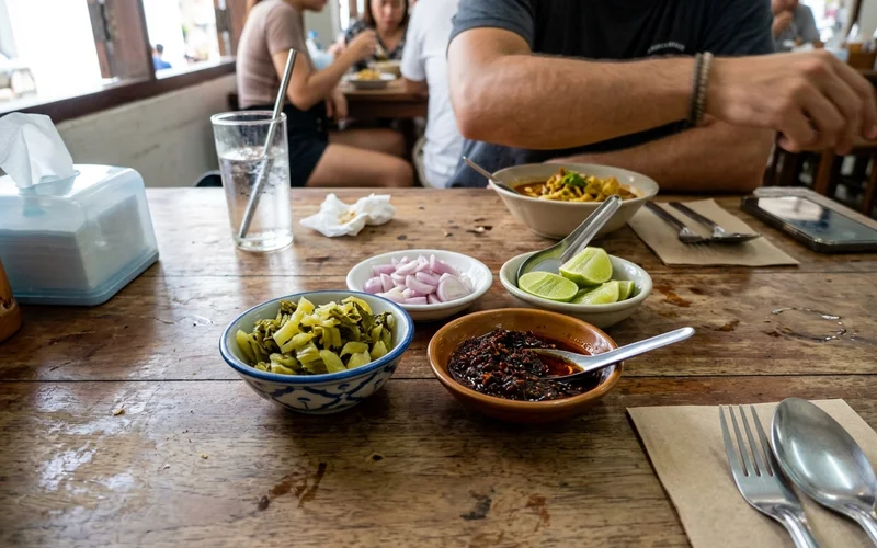 Khao soi condiments — pickled greens, shallots, lime and chilli paste