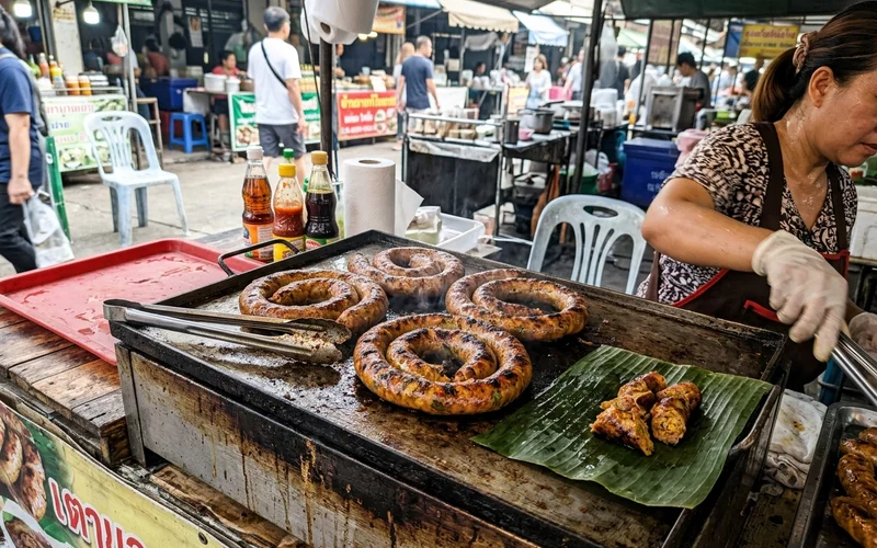 Coils of grilled sai oua sausage at a market stall