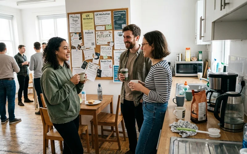 A coworking kitchen and breakout area with people chatting