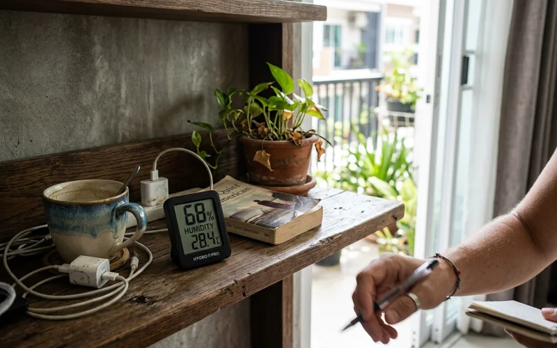 Digital hygrometer measuring indoor humidity in a Chiang Mai condo