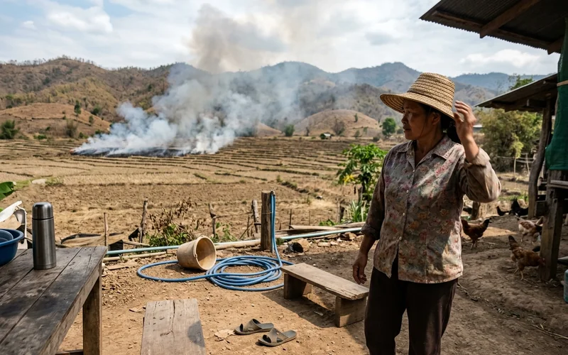 Smoke rising from agricultural burning in rural northern Thailand