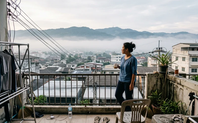 A low layer of trapped haze between rooftops and hills in the morning