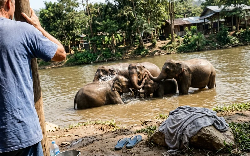 Elephants bathing and socialising in a shallow river
