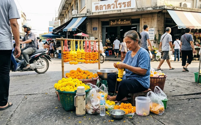 Flower sellers outside Warorot Market with marigold garlands