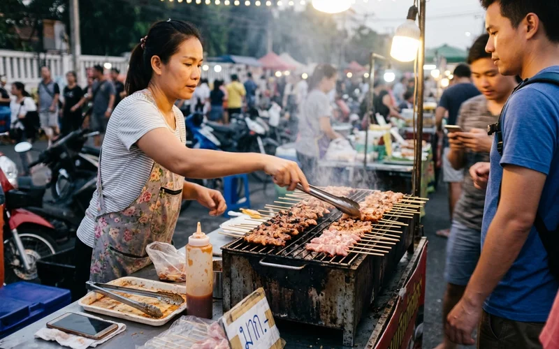 A grill stall with skewers and a vendor serving customers