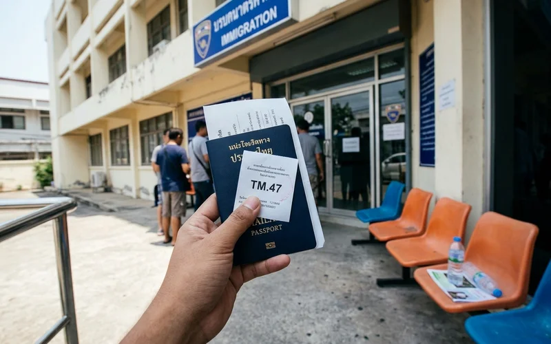 A stamped TM47 receipt slip held with a passport outside an immigration office