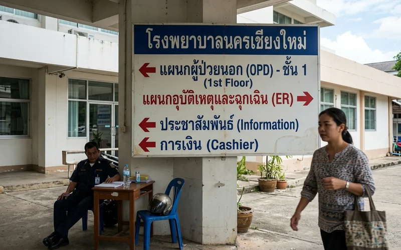 Hospital signage in Thai and English at a Chiang Mai hospital entrance