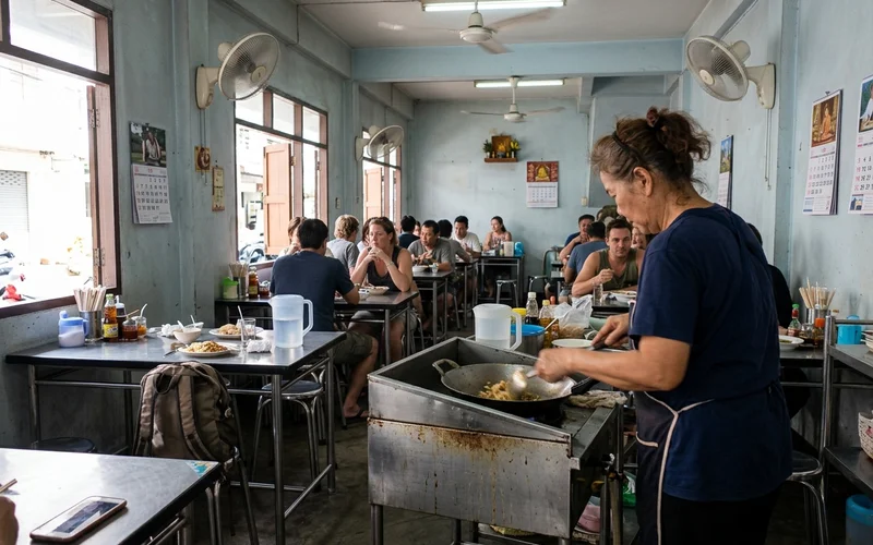 The interior of a plain, busy family-run Chiang Mai restaurant