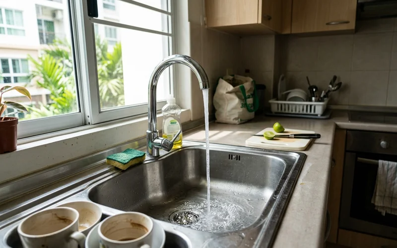 Kitchen tap running water in a Chiang Mai condo