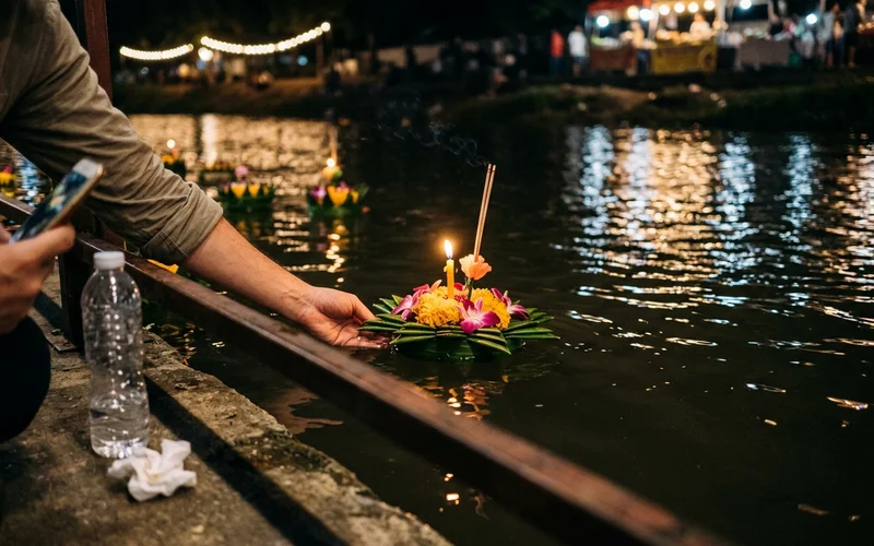 Krathong floats with candles on the Ping River