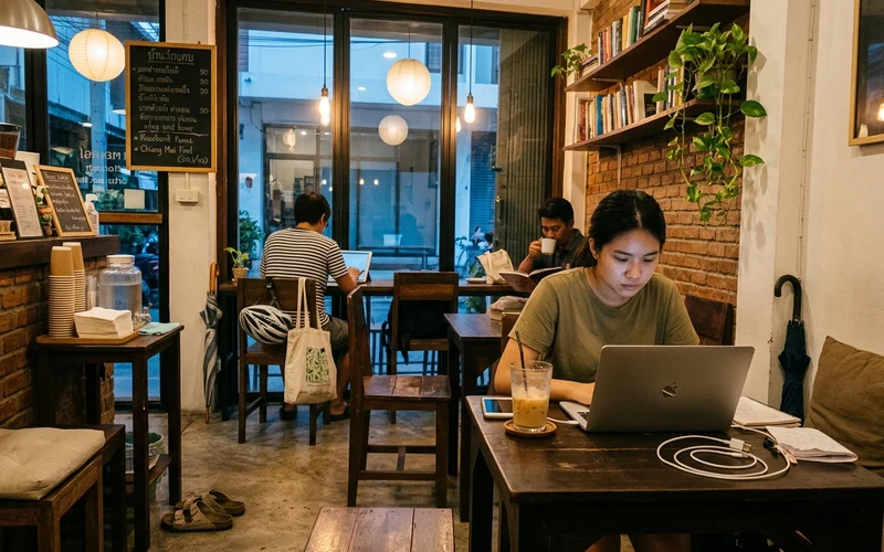 A café open late in the evening with people working quietly