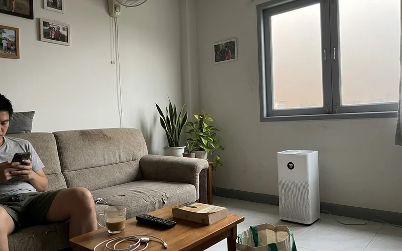 An air purifier in the corner of a Chiang Mai condo living room
