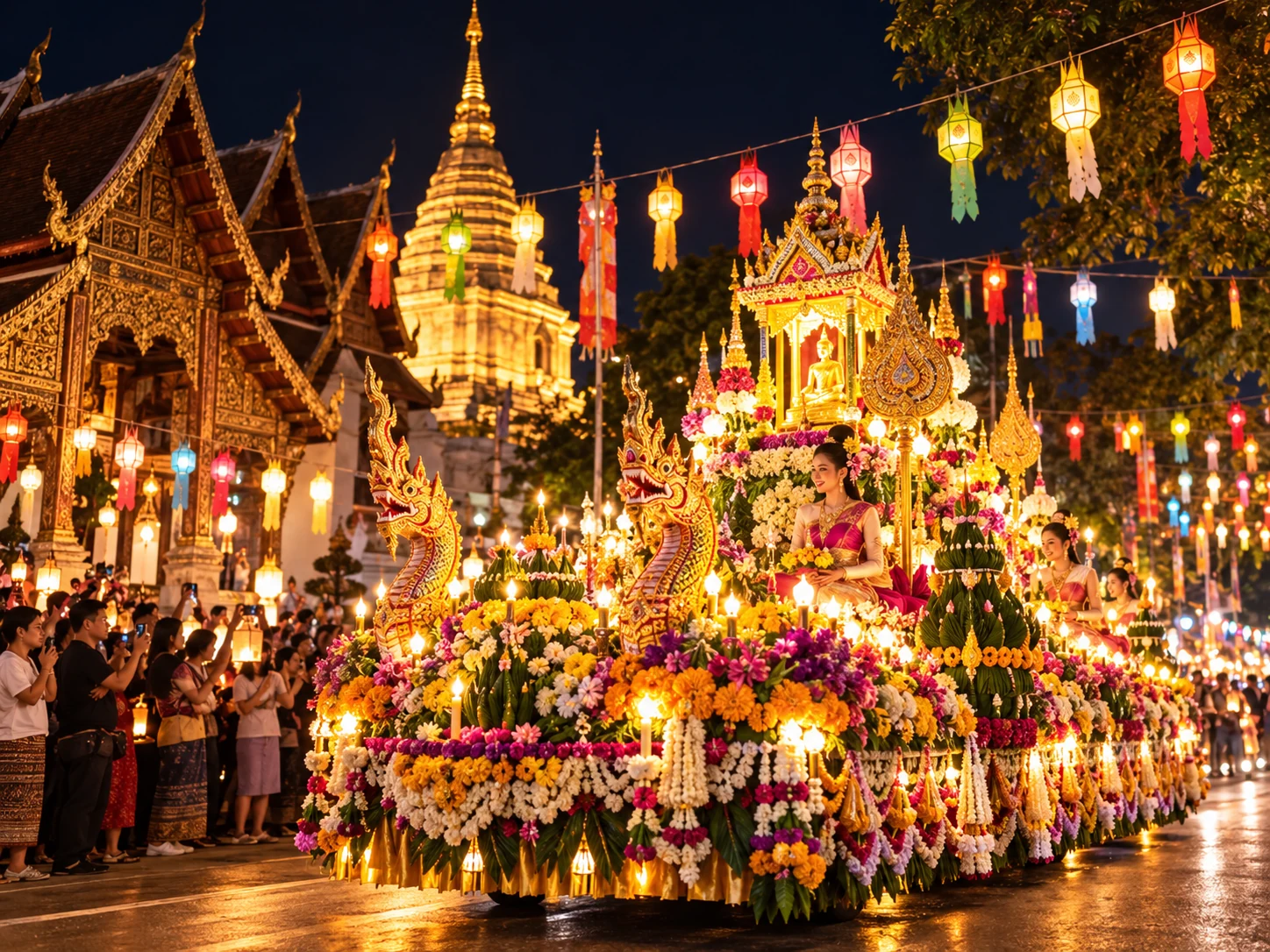 Illuminated Loy Krathong parade float in Chiang Mai at night