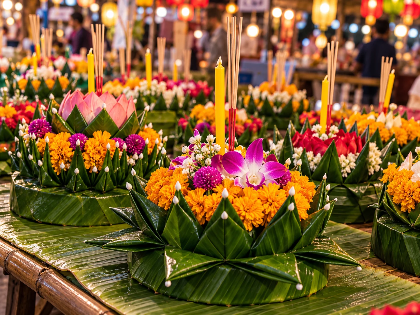 Handmade banana-leaf krathongs decorated with flowers, candles and incense