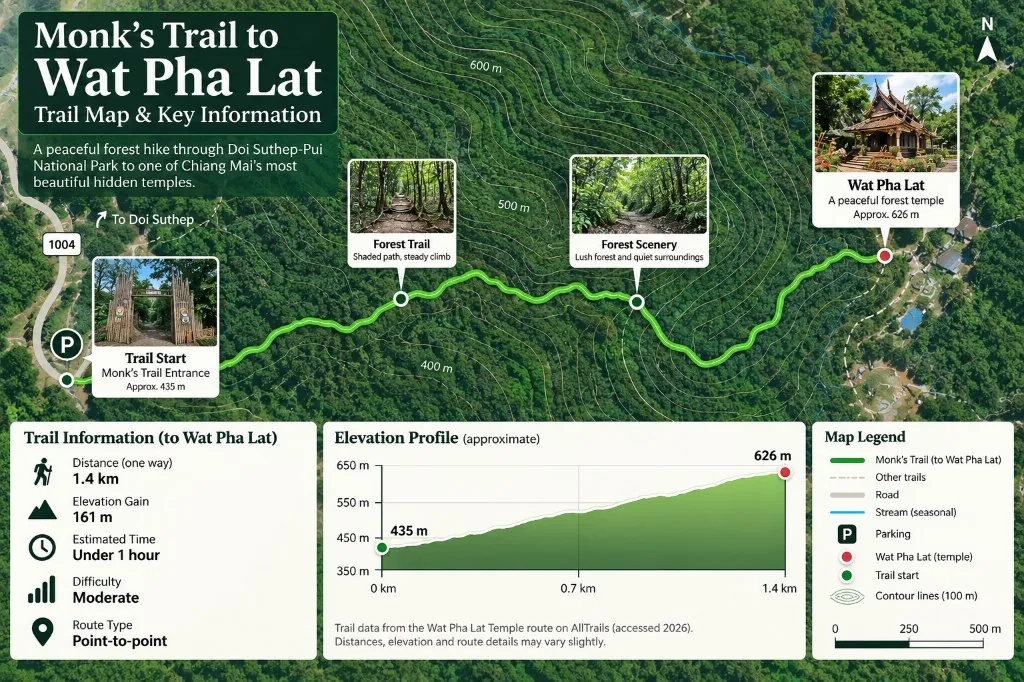 Custom Monk’s Trail to Wat Pha Lat route map with elevation profile and trail information.