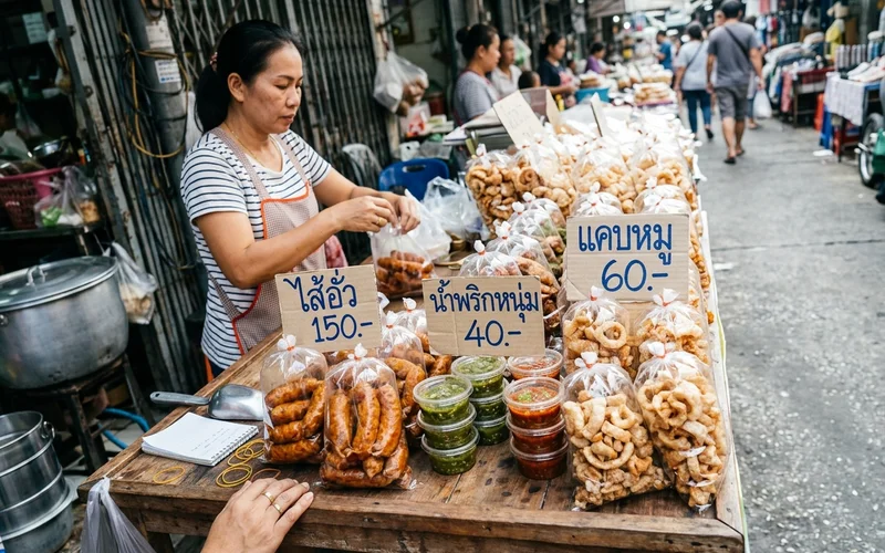 Northern Thai snacks and sausages for sale at a market stall