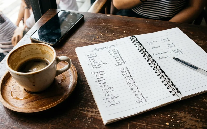 A handwritten monthly budget in a notebook beside a coffee