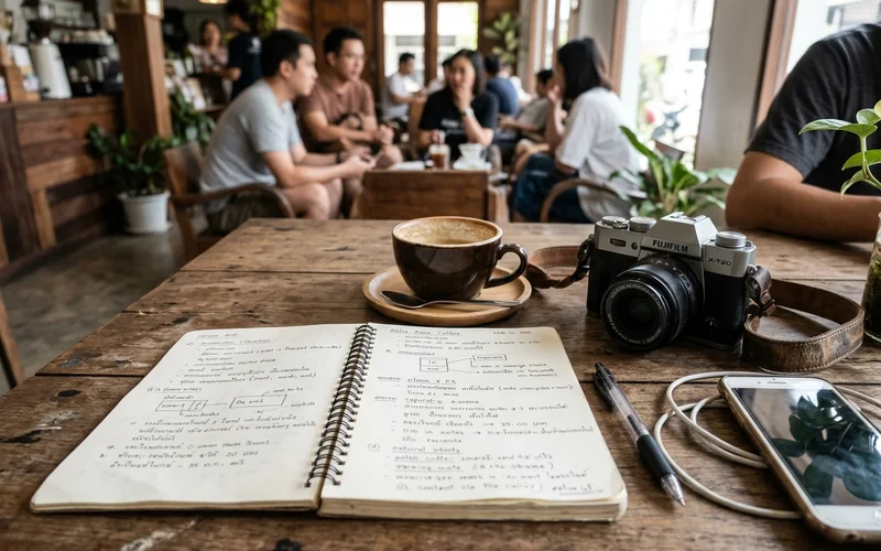 A notebook, coffee and camera on a table in a Chiang Mai café