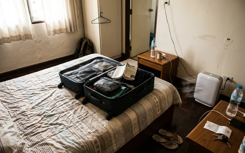 An open suitcase on a bed beside a running air purifier