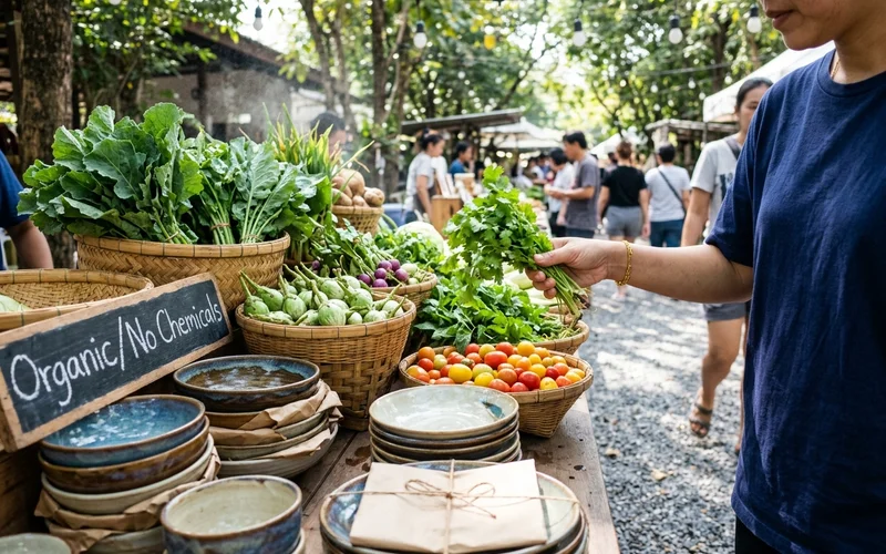Organic vegetables and handmade goods on a market table