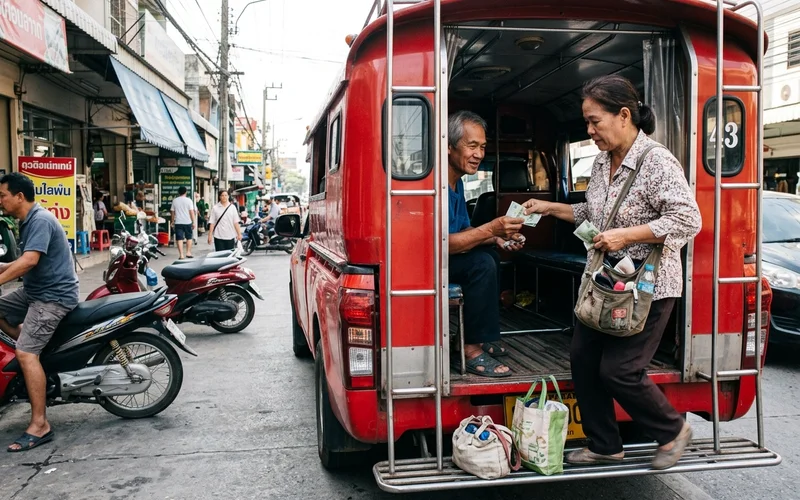 A passenger stepping off a red truck and paying the driver
