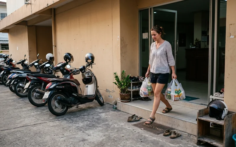 Carrying groceries into a Chiang Mai apartment building