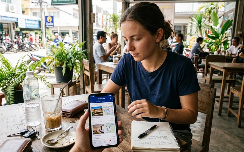 Comparing two accommodation options on a phone at a café