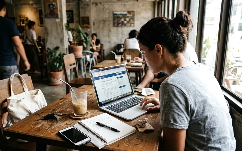 Comparing visa options on a laptop at a Nimman café