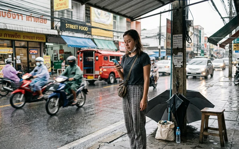 Waiting at a roadside in the rain while checking a ride app