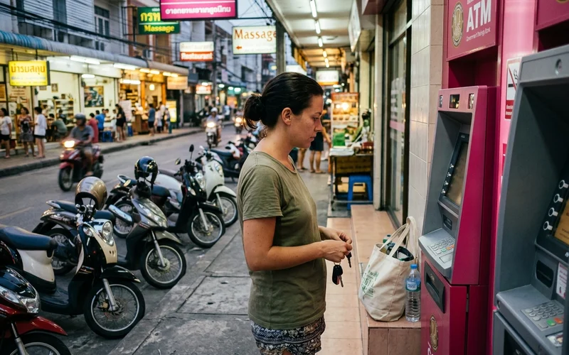 Using an ATM on a Chiang Mai street in the evening