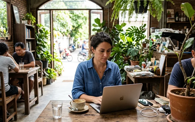 Working on a laptop in a leafy Santitham café