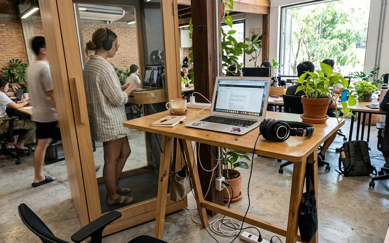 A phone booth and standing desk in a Chiang Mai coworking space