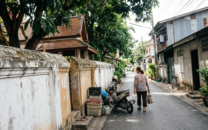 A quiet lane with an old temple near the river