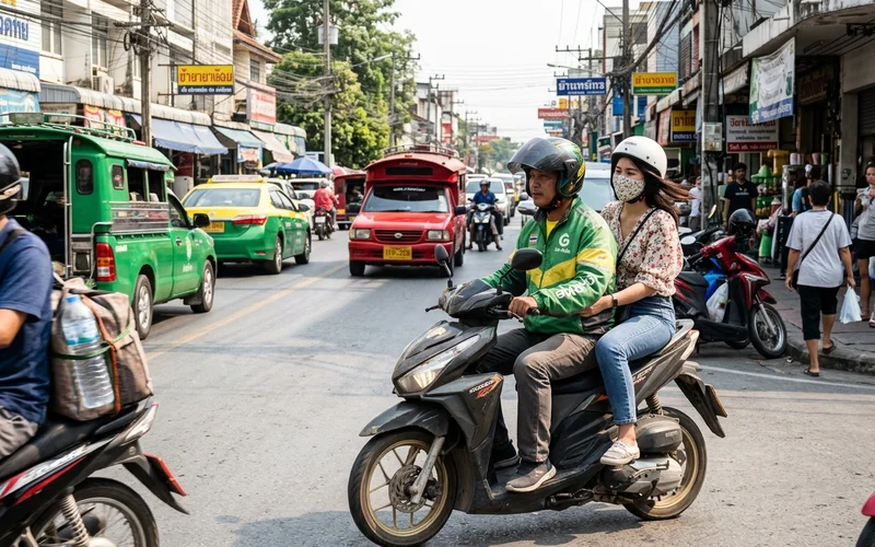 A ride-hailing motorbike rider carrying a passenger through traffic