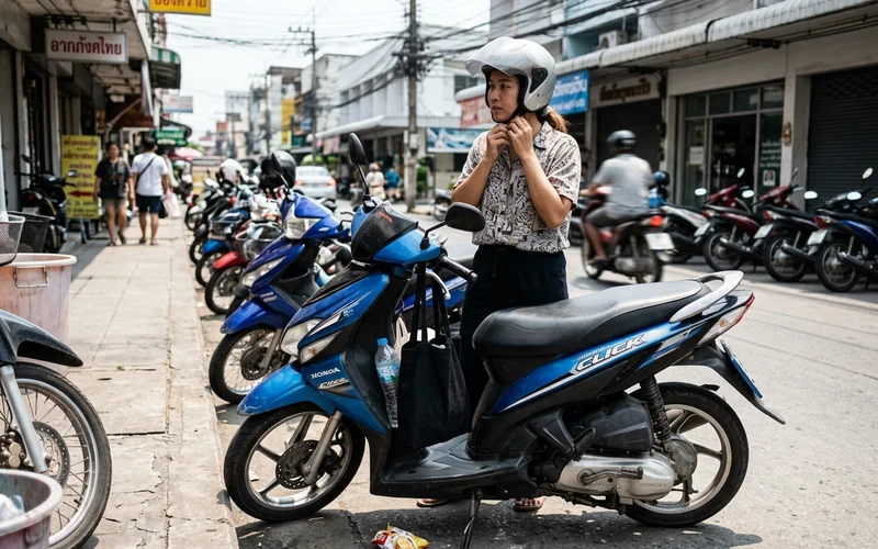 A rider putting on a helmet beside a Honda Click scooter