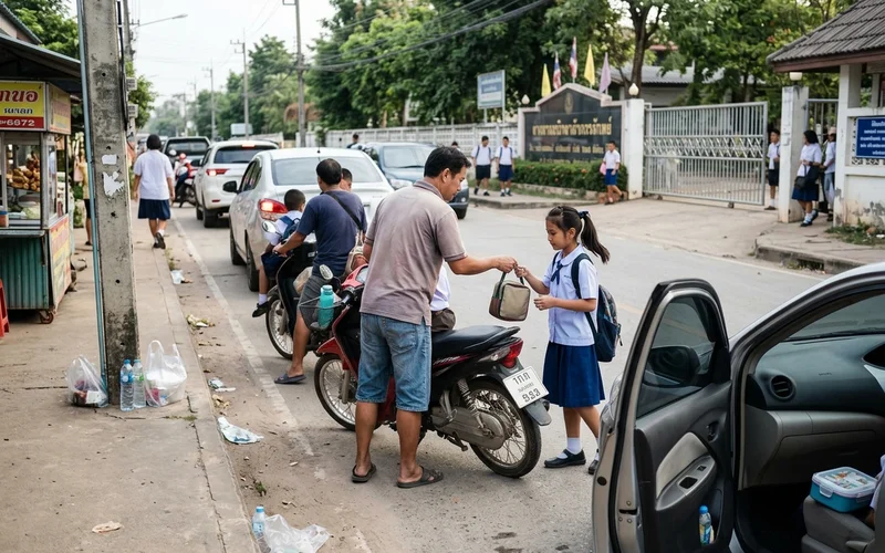 School-run traffic on a suburban road south of Chiang Mai
