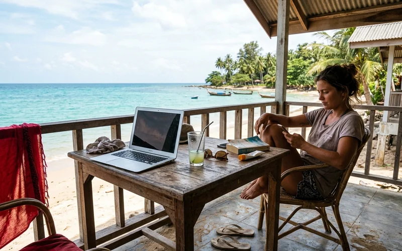 A beachfront guesthouse terrace with a laptop on the table