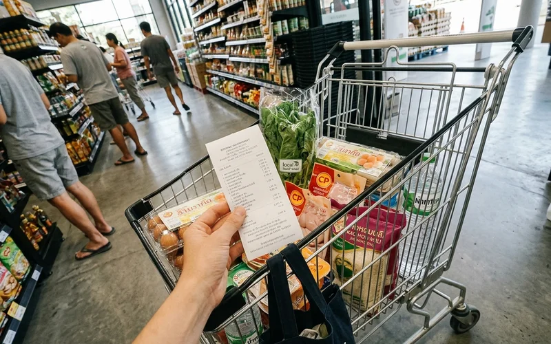 A grocery trolley and receipt in a Chiang Mai supermarket