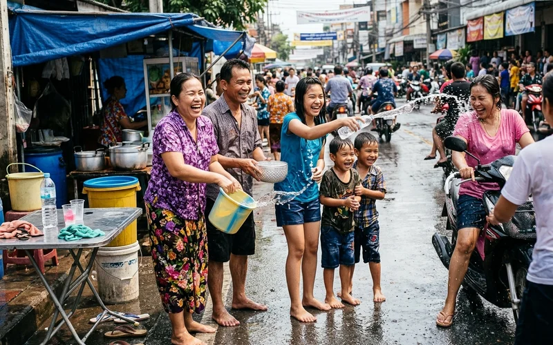 A family splashing water and smiling during Songkran