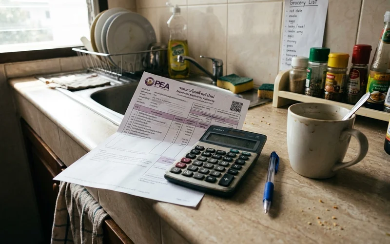 A utility bill and calculator on a kitchen counter
